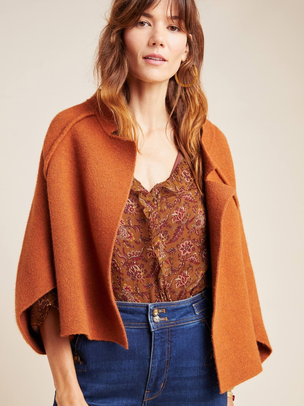Open-Front Cape Jacket in Rust Orange